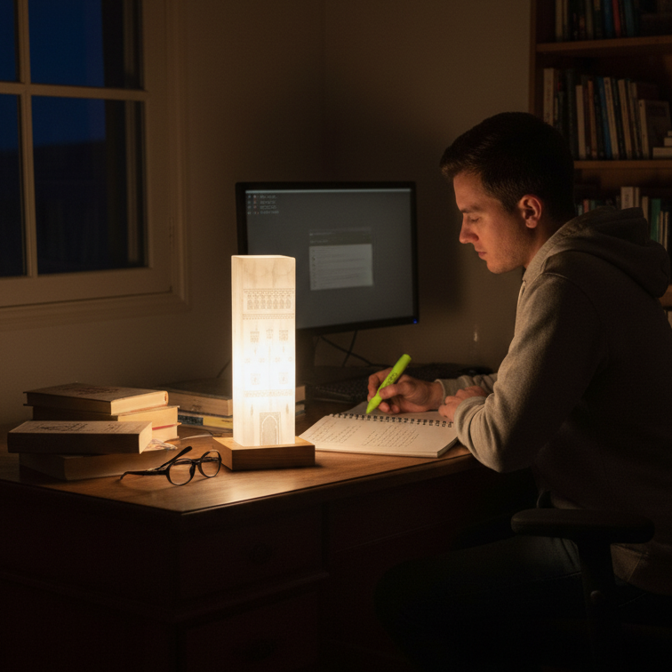 Homme qui étudie devant la lampe