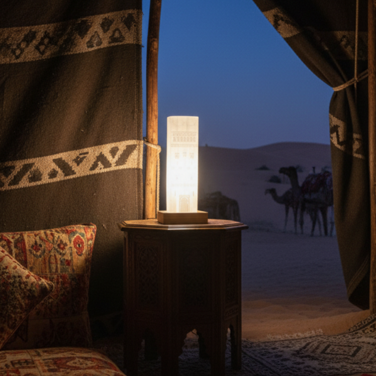 Lampe jaune dans une tente au Sahara