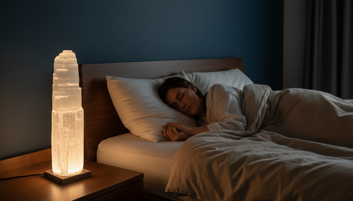 Lampe en sélénite dans une chambre la nuit